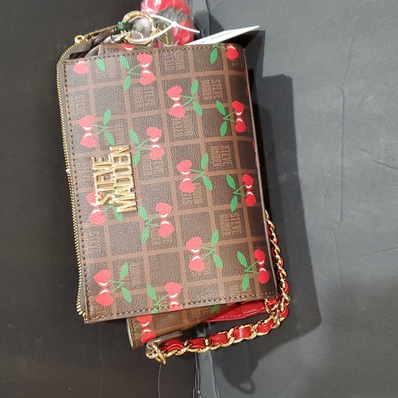 Steve Madden brown plaid checkered cherry print bryder crossbody bag and charm - Picture 5 of 13